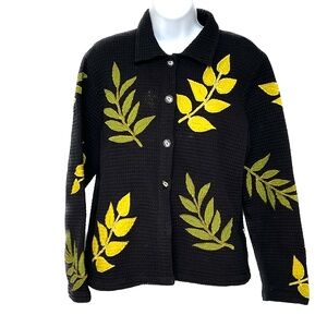 Asian Creations Jacket Floral Appliqued Leaves Vintage Black Green 100% Cotton S
